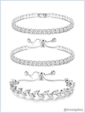 3pc Adjustable Tennis Bracelet Set for Women Silver Cubic Zirconia